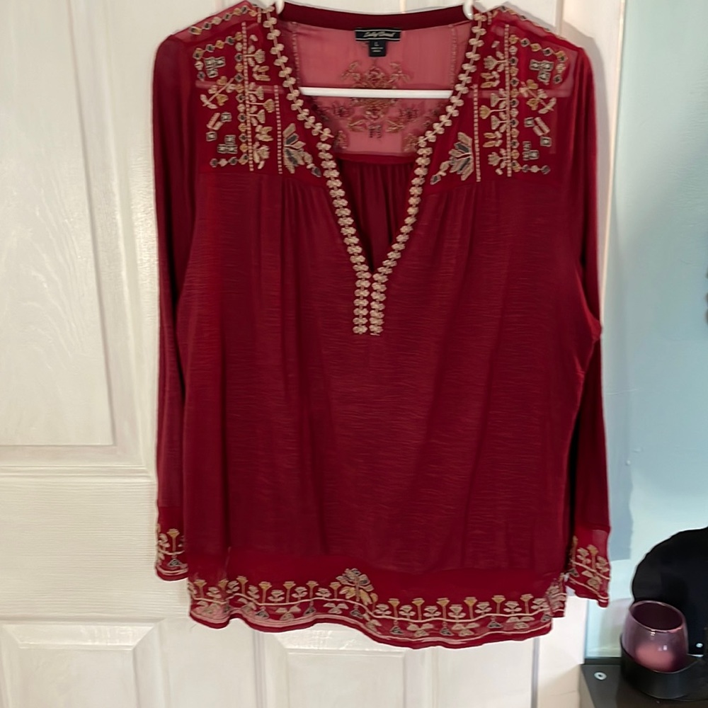 Hippie-chic Lucky brand top with sheer embroidered yoke, hem and sleeves.